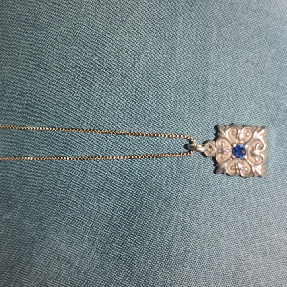 925 Brushed Silver Pendant With Sapphire Accent And Box Chain